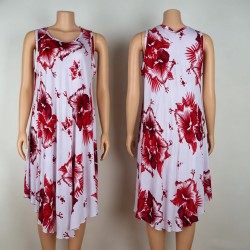 Factory Wholesale Sleeveless Loose Dress with Blue & White Hibiscus Print, Summer Floral Swing Midi Dress