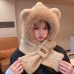 Winter Trendy Cute Thick Plush Bear Hat Mask Scarf One Piece Hat Women's Cycling Warm Hoodie