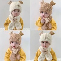 Baby Hat Autumn/Winter Plush Scarf Two Piece Set Baby Boy/Girl Little Bear Cute Warm Thick Preschool Hat