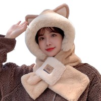 Winter Trendy Cute Thick Plush Bear Hat Mask Scarf One Piece Hat Women's Cycling Warm Hoodie