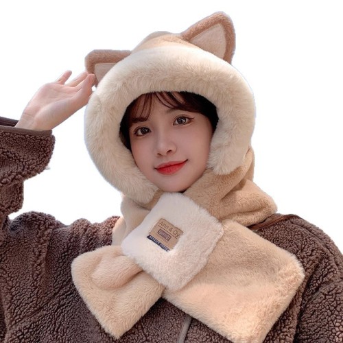 Winter Trendy Cute Thick Plush Bear Hat Mask Scarf One Piece Hat Women's Cycling Warm Hoodie