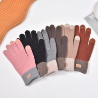 Winter knitted cycling warm gloves, yarn jacquard leather label imitation cashmere touch screen gloves, jacquard playing mobile phone gloves